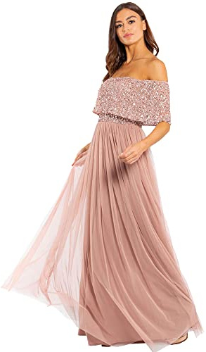 Maya Deluxe Women's Misty Green Bardot Embellished Maxi Dress Bridesmaid Vestido de Dama de Honor, Malva, 34 para Mujer