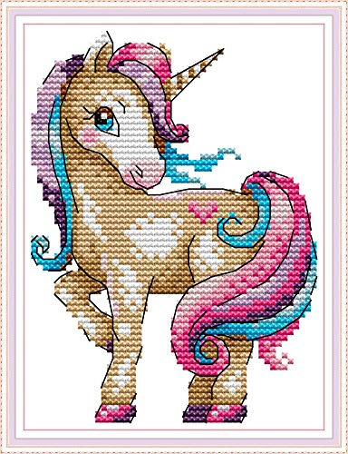 11CT DIY gestempelte Kreuzstich-Sets Handarbeiten Komplette Reihe vorgedruckter Stick-Starter-Sets für Anfänger - Das magische Einhorn 18 x 22 cm