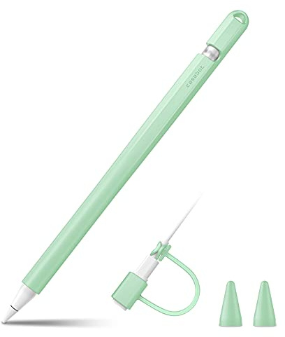 Fintie Funda de Silicona Compatible con Apple Pencil 1.ª Generación - Cubierta Ligera y Suave con 2 Tapas y Correa para Cable Adaptador, Verde Claro