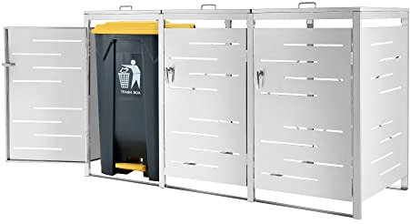 [en.casa] Cache Poubelle Box pour Poubelle Extérieur Abri de Poubelle Enveloppement pour Poubelle Vérrouillable Acier Inoxydable 116 x 196 x 80 cm Argenté