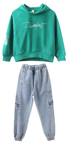 amropi 2 PCS Set Completo Ragazze Felpa con Cappuccio + Denim Pantaloni Jogging Tuta Verde,7-8 Anni