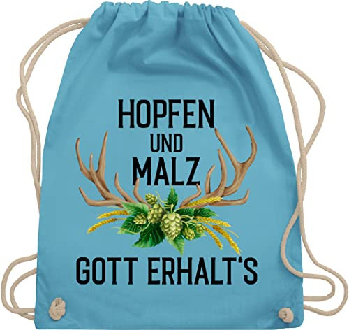Shirtracer Turnbeutel Rucksack - Kompatibel Oktoberfest Tasche - Hopfen und Malz Gott erhalt's - mit Geweih & Weizen - Unisize - Hellblau - trachtenrucksack bayrische beutel trachtentaschen bayrisch
