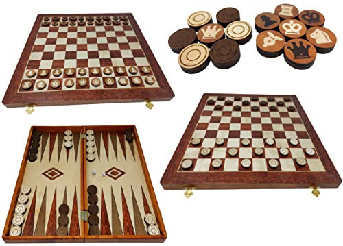 ChessEbook 3-in-1 Schachspiel Dame Backgammon - Hochwertiges Schachbrett 10x10 100 Felder Set aus Holz - Chess Board klappbar - Spielset mit Spielsteinen - 48 x 48 cm