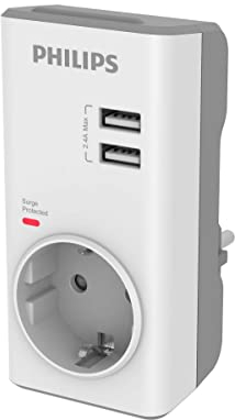 Philips Adattatore CHP4010W/10 - Adattatore di spina, caricatore USB integrato, 2 porte USB 2.4 A max, 1 presa di corrente, indicatore LED di alimentazione, protezione da sovratensione, colore bianco