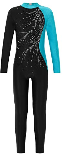 Doomiva Mädchen Turnanzug Ganzkörper Gymnastikanzug Glitzer Overall Sportbody Mit Strass Eiskunstlauf Anzug Langarm Leotard Blau Grün 158-164
