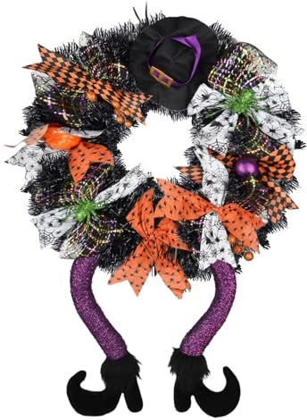 Ykgutilu Halloween Wreaths for Front Door, Halloween Front Door Wreath with Hat Witches Legs Pumpkin, Halloween Decorations for Door,Porch,Window,Indoor and Outdoor Decor