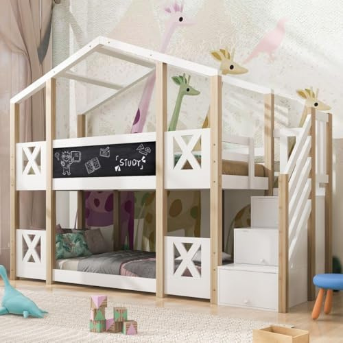 Hochbett 90 x 200 cm, Baumhaus Kinderbett,Doppelbett 2X Lattenrost, Kinderbett in Hausform,Kiefernholz Haus Bett mit Speicherung und Rausfallschutz for Kids, ohne Matratze (Rolltreppe an der Seite)