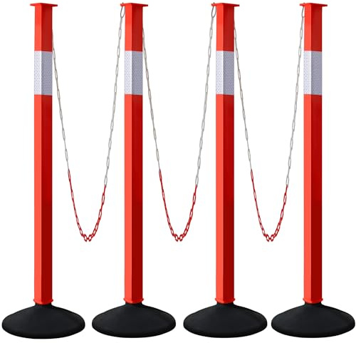 4 Pack Traffic Delineator Post Cones with Weighted Base & Reflective Collars, Adjustable Orange Traffic Safety Barrier with Plastic Chains for Parking Lot Driveway Road