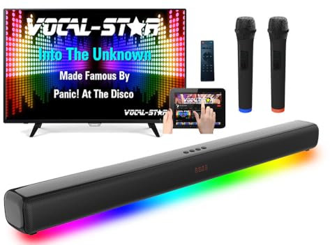 Vocal-Star Karaoke Machine, 300w Soundbar Speaker, 2 Wireless UHF Microphones, Light Effects, HDMI ARC, BT, AUX, Optical, All in One Entertainment System