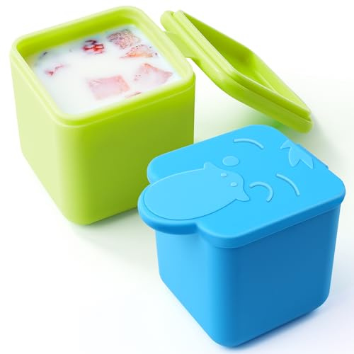 Homotte Auslaufsichere Dip-Behälter, kompatibel mit den meisten Bento-Lunchboxen, 2 x 4 oz Salatdressing-Behälter zum Mitnehmen, kleiner Silikon-Snack-Gewürzbehälter mit Deckel für Kinder (blau/grün)