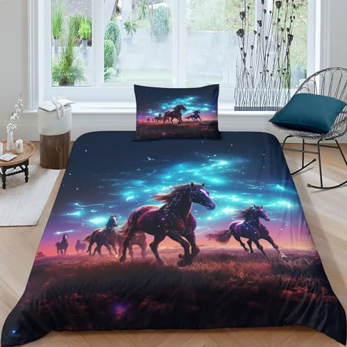 Kosmisches Pferd Bettwäsche Set 2 Teilig Microfaser Künstlerische Tiere Bettbezug Mit Reißverschluss Und Kissenbezüg Bettdecke Decken Für Jugendliche Kinder Schlafzimmer 3D Druck Single（135x200cm）