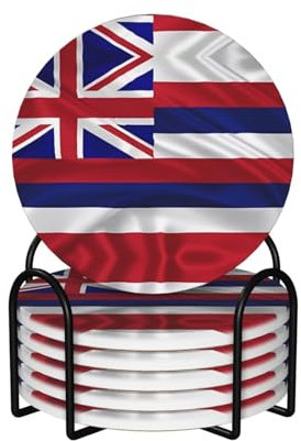 Runde Form, 6 Keramik-Untersetzer, Flagge von Hawaii, amerikanisches Bild: rutschfester Korkboden, passend für alle Kaffeetassen, Sportbecher und Becher
