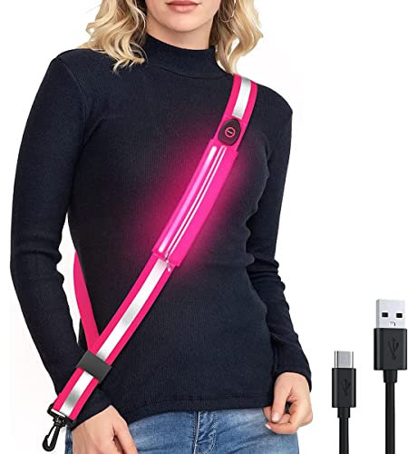 Pyatofly Reflektierende LED-Gürtelschärpe für Spaziergänge in der Nacht, wiederaufladbar, mit LED-Licht, Laufgürtel für Läufer, Spaziergänger, Rosa