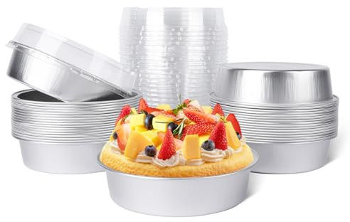 Beasea Mini Pie Tins with Lids, 20 Pack 4 Inch 8oz Disposable Creme Brulee Ramekins Silver Mini Small Aluminum Foil Pie Tart Cake Baking Pans Individual Round Containers Oven Safe for Baking