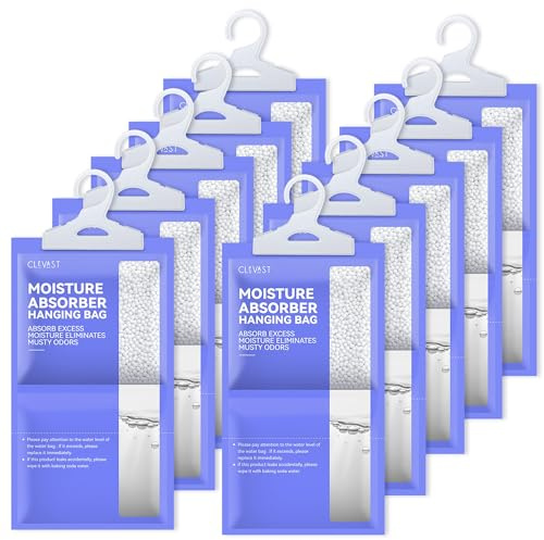 CLEVAST 10 Pack Wardrobe Dehumidifier Hanging Bags, Hanging Dehumidifiers for Wardrobes, Moisture Absorber for Wardrobe, Cupboards, Bedrooms, Washrooms, Basement, Office – 230g Each