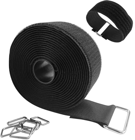 AUMAYCO 5m x 5cm Heavy Duty Hook and Loop Straps with 10 Metal Buckles, Adjustable Fastening Cable Ties, Free Cut Length, Reusable Nylon Cable Tidy Straps for Office Home and Wire Organiser