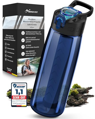 BERGKVIST® Gourde filtrante d'eau extérieure OBSIDIAN (650ml) - Bouteille filtrante pour une eau potable propre - Traitement de l'eau pour l'équipement de camping et de survie - bleu