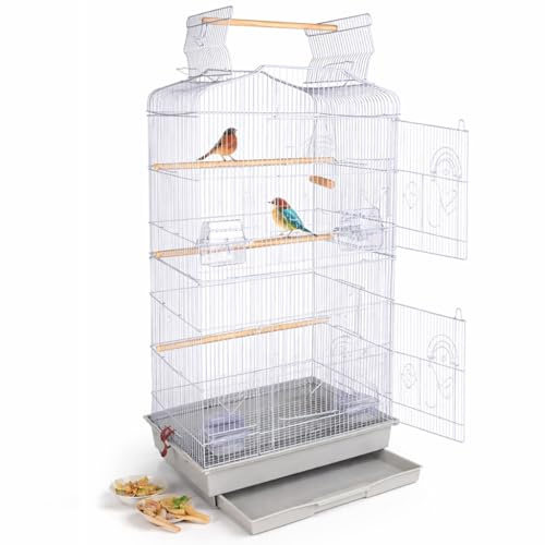 BAKAJI Voliere für Vögel, Papageien, Wellensittiche, Vögel, Dach zum Öffnen und Füttern, Sitzstangen aus Holz, Käfig mit Abnehmbarer Wanne für einfache Reinigung (grau)
