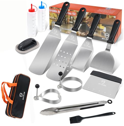 MUJUZE Grillspachtel Edelstahl Set,Plancha Spachtel Grill Zubehör im Koffer,Professionelle Pfannenwender Grill spachtel Zubehör für Grillen Teppanyaki und Camping...