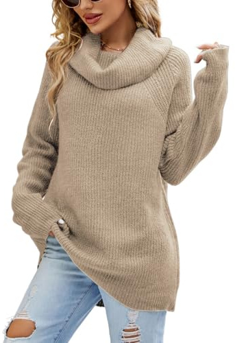 crazy bean Jersey de Cuello Alto Mujer Invierno Largo Pullover Suéter Manga Larga Punto Cable Oversize Elegante Basica Termica Top Turtleneck Sweater Caqui S