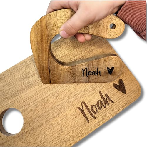 C|UTE - Montessori Kindermesser und Schneidebrett aus Walnussholz personalisiert, Kindergeburtstag Geschenk, Holzmesser für Kleinkind, Premiumqualität, Kindermesser ab 2 Jahre