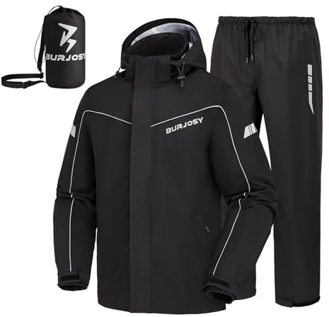 Burjosy Rain Suit for Men, Packable Waterproof Rain Jacket & Trousers, Reflective Raincoat with Windproof Hood, Rain Gear for Outdoor Hiking Fishing