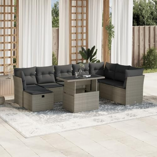 Homgoday Gartenmöbel-Set, 9-teilig, mit hellgrauen Kissen, Polyrattan, Möbeldekor, Set aus Schlafsofa, Wohnzimmer, Couch, modernes Set für Outdoor-Sofa für den Garten, Modell 3274712