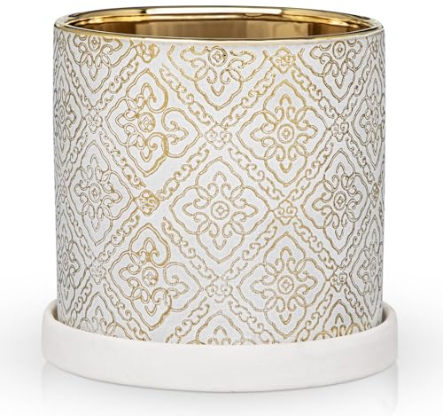 Arborus Ceramic Plant Pot with Saucer 13cm Modern White Gold Flower Pot with Drainage Holes Decorative Indoor Planter with Pattern Flower for Succulents Orchids Small Houseplants Home Garden Décor