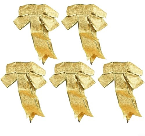 Festliche Weihnachtsschleife, Dekoration, 25 cm, 5 Stück, Glitzerpuder (Gold)