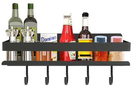 Porta Spezie Per Cucina - Porta Spezie Per Cucina Salva Spazio - Portautensili Cucina, 30 cm, in Acciaio al Carbonio, con 5 Ganci, Organizzatore Pratico per Spezie, Asciugamani e Utensili da Cucina