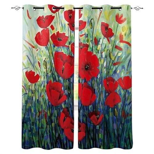Rptidmv Vorhänge mit Ösen Mohnblume Vorhang Blickdicht Verdunklungsvorhänge Thermovorhang Schallschutz - Wohnzimmer Schlafzimmer Büro Deko Garten 2er Set -140 x 245 cm (B x H)
