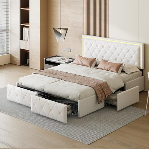 PerGar Polsterbett 140x200 cm, Bett mit 4 Schubladen, LED Beleuchtung, höhenverstellbares Kopfteil, Lattenrost, Stauraumbett, Doppelbett, cremefarbenes, PU-Leder, ohne matratze