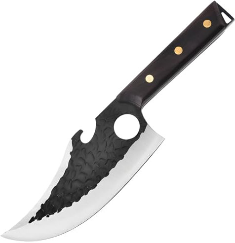 Couteau à désosser en acier inoxydable à haute teneur en carbone, lame martelée de 15,2 cm, poignée ergonomique avec gaine en cuir, coffret cadeau inclus