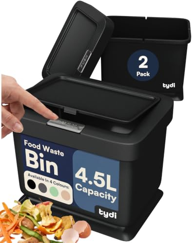 Tydi 4.5L Food Waste Bin 2 Pack, Press-Button Lid, Black | Kitchen Compost Caddy · Anti-slip Base · Secure Closure · Sits in A Cupboard or on The Countertop
