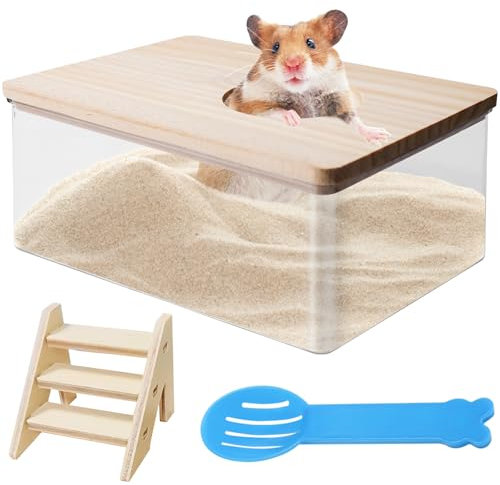 BAIFULAI Hamster Sandbad Container: 1 Stück Rechteckiges Acryl Badezimmer, Mit Holzdeckel Und Leiter, Für Spiel Und Beobachtung Syrischer Hamster, Mäuse, Lemminge, Chinchillas (15.5x10.5x6cm)