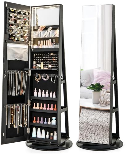 RELAX4LIFE Schmuckschrank mit 2 Spiegeln, 3 in 1 Spiegelschrank mit 3 farbigen LEDs, 360° Drehbar & Abschließbar, Schmuckorganizer mit 3 Regalen (Schwarz)