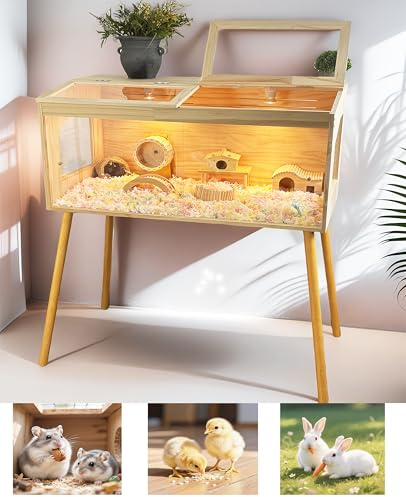 Hamsterkäfig Naturkiefernholz kükenaufzuchtbox mitTemperaturregler& Heizleuchten-Schiebetüren und 4x70 cm Massivholzbeine Für Hamster, Hühnchen,Vögel, Eidechsen Zuchtung (100 * 52 * 53 cm)
