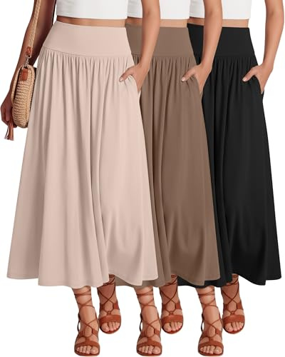 Ficerd 3 Pack Maxi Long Skirts for Women, Ankle Length High Waisted Pleated Flowy a Line Summer Casual Skirts with Pockets(Apricot, Brown, Black,Large)