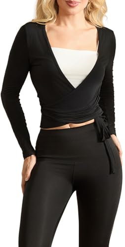 Siyova Women Long Sleeve Cross Wrap Tops Casual Slim Fitted Shirts Deep V-Neck Tie Tops Workout Pilates Ballet Yoga Gym Sports Top Cardigan (Black, S)