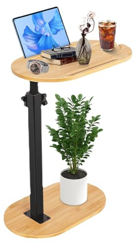 Peelanmall Mesa auxiliar en forma de C, mesa auxiliar de sofá, altura ajustable 360°, mesa auxiliar pequeña de 40 x 22 cm, mesa auxiliar de bambú, mesa de café pequeña con ranura para teléfono móvil