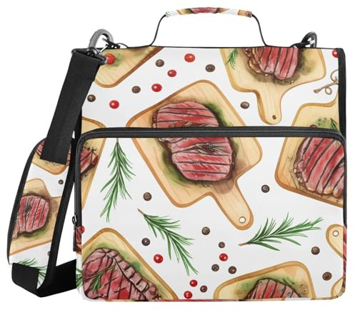 Steak Wooden Board White Zipper Binder 1.5 Inch 3 Ring Binder Bag with Zipper Handle 500 Sheets Capacity Expanding File Folder with Multiple Pockets for Office School Storage Organizer