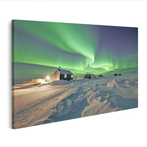 islandburner Leinwandbild Nordlicht über verschneitem Eisdorf Polarlicht Nacht Winterlandschaft - Leinwand 80x40cm