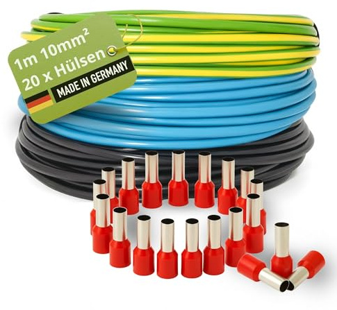 INVOLT H07V-K 10 mm² - Cable de cableado (1 m), color negro, azul, verde y amarillo con 20 casquillos