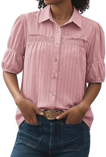 Theenkoln Damen Bluse 100% Baumwolle Sommerbluse mit Puffärmel Kurzarm | 100% Baumwolle, Puffärmel Bluse, Gesmoktes Detail Oberteil, Hemd Lochstickerei Sommer , Knopfleiste, Hemdkragen
