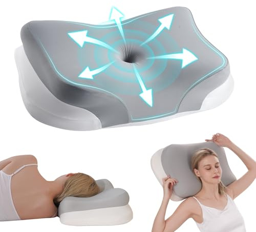 Cuscino cervicale per sollievo dolore cervicale, ortopedico ergonomico arcuato, schiuma memory fresca inodore, alta densità rimbalzo lento, adatto a dormienti di lato/schiena/pancia, fodera lavabile