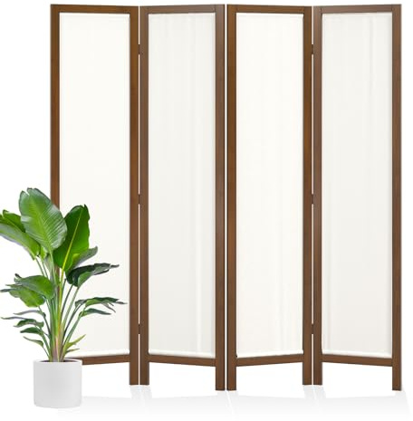 Linen Room Divider Privacy Screen, Foldable Wood Frame Partition Room Dividers with Removable Linen Fabric Curtain, Room Divider Panel, Zero Assembly for Home, Office, or Studio Brown 4 Panel