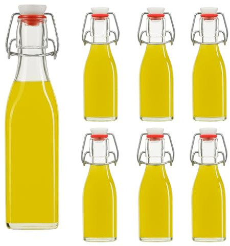 hocz 6x leere Bügelflaschen 250ml zum Befüllen Weiß - kleine Flaschen mit Bügelverschluss - 6er Bügel Glasflaschen Set für Saft, Getränke, Likör, Öl, Saucen - 6 Stück, 250 ml, Weiß, Eckig