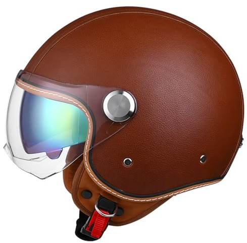 KKVGP Casco Aperto Moto Pelle Mezzo Caschi Jet Vintage Omologato DOTECE con Doppia Visiera Demi-Jet per Moto 3/4 Stile retrò per Adulti Uomini Donne(5,L=59~60cm)