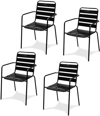 KHG 4er Set Gartenstühle Outdoor Stapelstuhl aus Stahl mit E-Coating Anthrazit, bis 150 kg belastbar, stapelbar, mit Armlehnen, wetterfest & robust