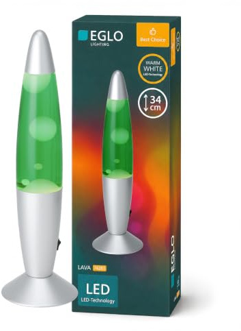 EGLO LED Lavalampe Lava, Deko Lampe Wassersäule, Retro Lavaleuchte Kinder | Dekoleuchte Kinderzimmer in Silber, grüne Flüssigkeit mit weißem Wachs, 34 cm